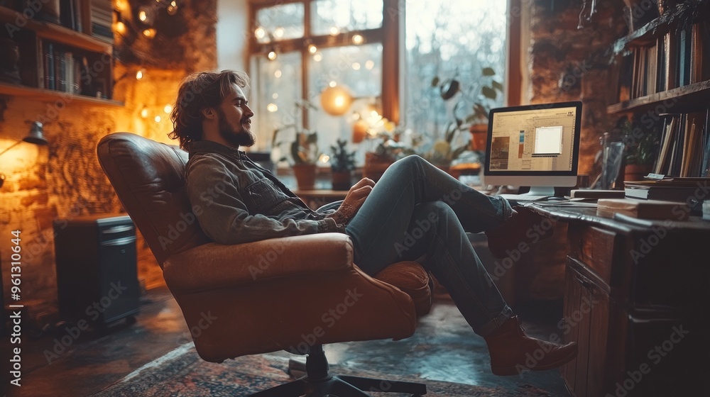 Poster man relaxing in a chair with a computer