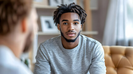 A young man engages in a conversation, showing thoughtful expression.