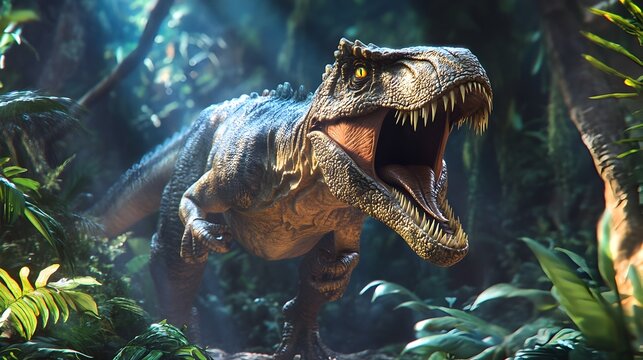 Holographic projection of a roaring Allosaurus dinosaur in a lush prehistoric jungle environment