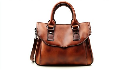 Women's luxury brown leather handbag, elegantly designed and isolated on a white background, showcasing a simple yet unique purse idea.