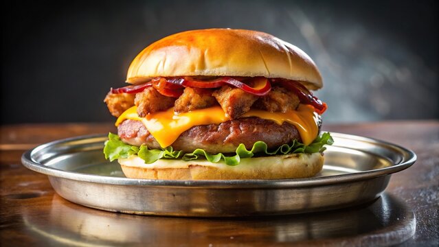 Bacon cheeseburger on silver plate