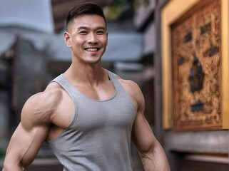 Muscle Asian Man with Grey Tank Top Portrait Smiling and Looking at Camera with Bokeh Traditional Buildings Background