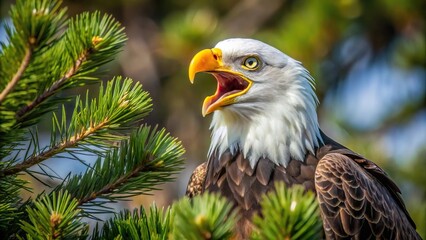 Obraz premium Bald Eagle screeching in a pine tree in Idaho Eye Level