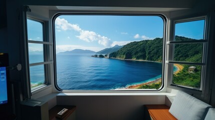 Fototapeta premium View from the ship's window of the bright blue sea and sky.