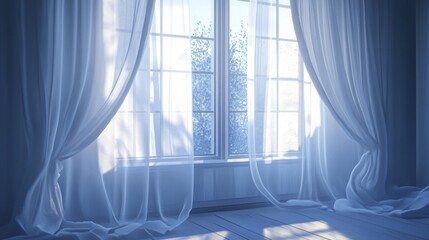 Gentle Breeze Through Sheer Curtains, an open window allows soft light to filter in, as delicate curtains dance lightly in the refreshing air, creating a serene atmosphere.