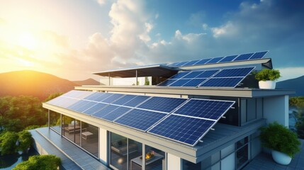 Solar panel system on the roof of a futuristic smart home. Renewable energy concept.
