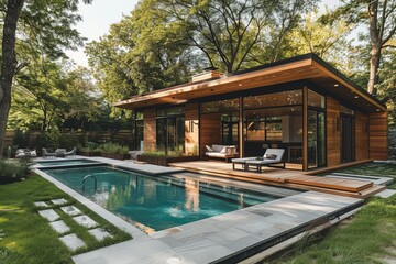 Naklejka premium Modern backyard with pool and small wooden cabin, concrete patio, green grass, trees in background, long shot, cinematic style.