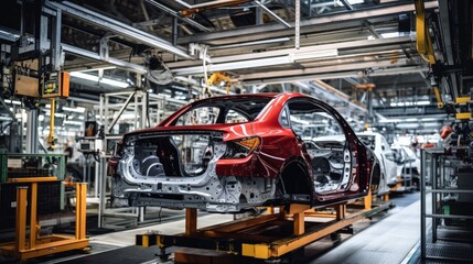 Automated car assembly at a factory. Robots assemble the car on a platform. Robots are equipped with different tools to perform different tasks.