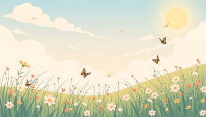 Breezy Spring Afternoon - Light and Airy Vector Meadow Scene