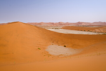 Panoramic view of the vast sand dunes and dry clay pans of Sossusvlei, Namibia.
