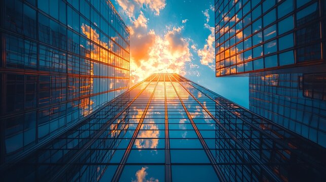 A dramatic low-angle view of modern skyscrapers under a vibrant sky, ideal for business presentations, corporate branding, and financial events.