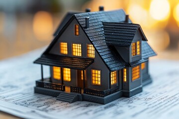 A miniature house model on real estate documents, symbolizing a business discussion about mortgages or property insurance. Ideal for real estate and finance marketing.