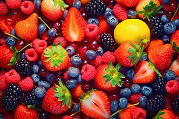 Obraz premium Fruit and berry background: strawberries, raspberries, blackberries, blueberries and citrus slices. Each berry looks delicious and fresh for a healthy diet or making a delicious dessert