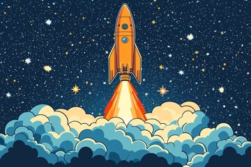 A vibrant illustration of a space rocket launching into a starry sky, ideal for promoting innovative business concepts, project launches, and startup events with copy space.