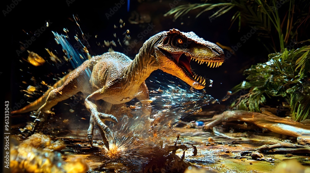 Poster a captivating holographic display showcasing a deinonychus a fierce prehistoric predator in the mids