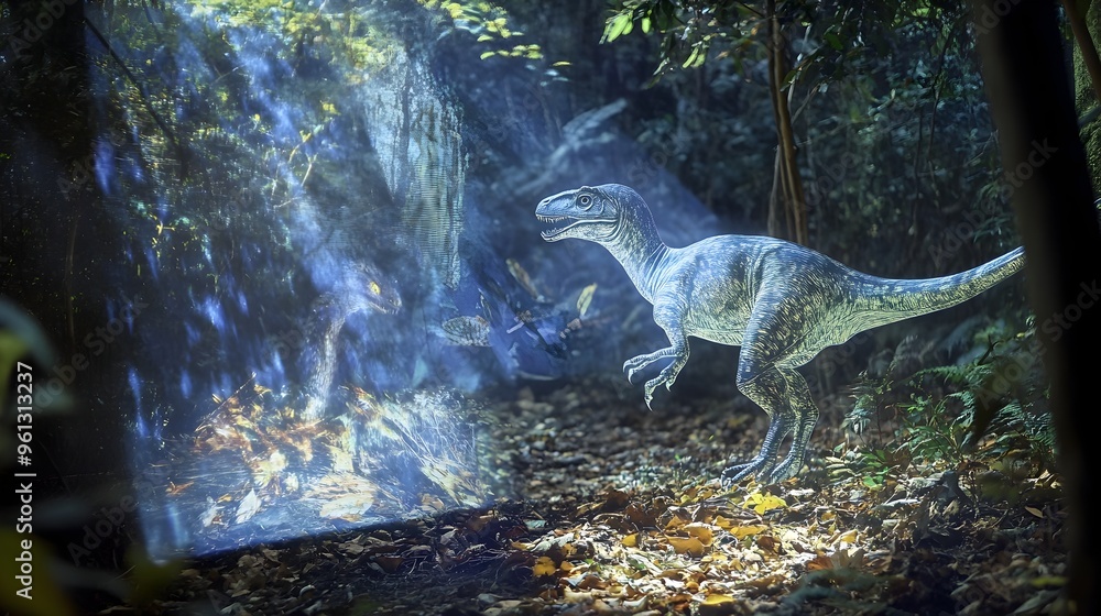 Poster striking holographic image depicting a fierce deinonychus dinosaur predator attacking and pouncing o