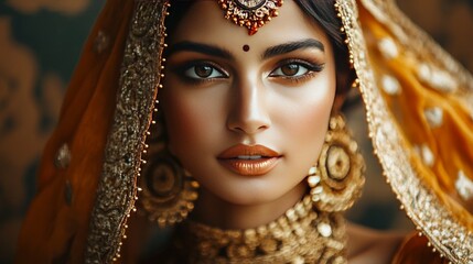 Indian woman adorned in gold jewelry and traditional makeup.