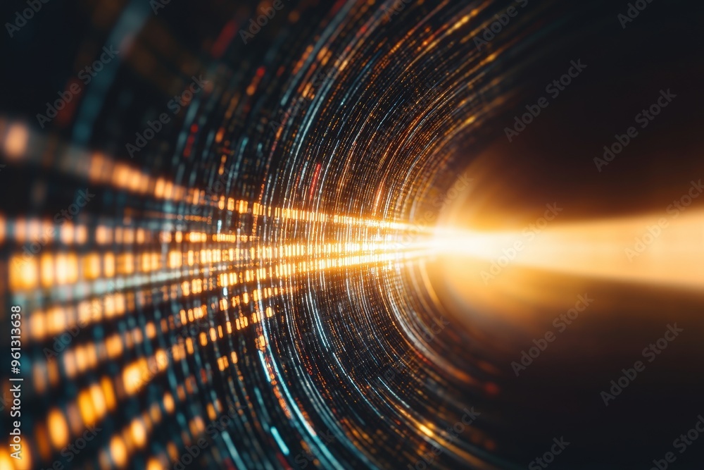 Poster a visually stunning representation of light and technology in a dynamic, abstract tunnel