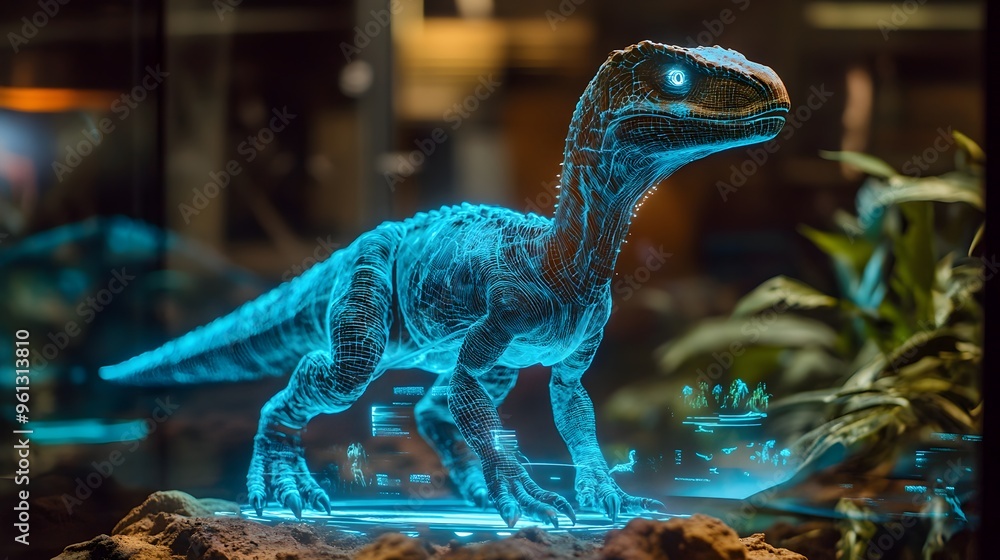 Aufkleber holographic image of a troodon dinosaur observing its natural prehistoric environment within a futur