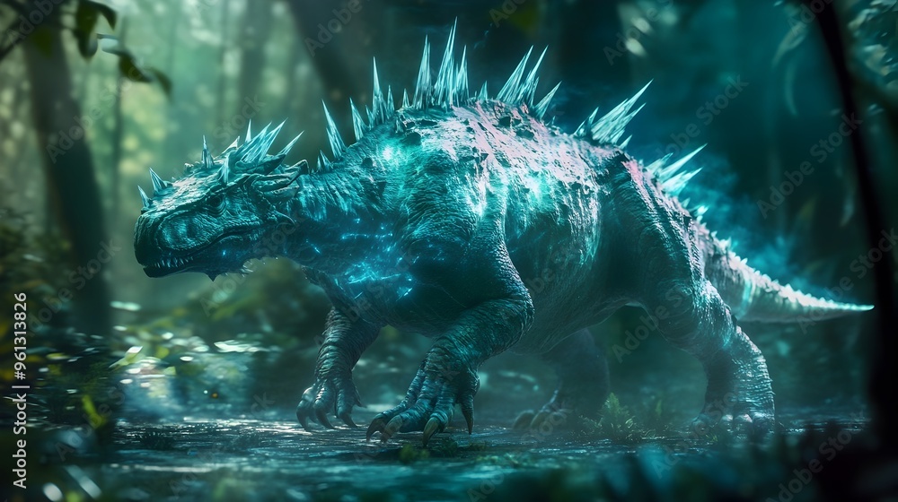 Poster a photograph of a holographic rendering featuring a kentrosaurus dinosaur with its distinctive spike