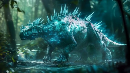 A photograph of a holographic rendering featuring a Kentrosaurus dinosaur with its distinctive spiked tail displayed in a futuristic digital environment