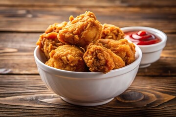 battered fried chicken barbecue ketchup white bowl wooden table