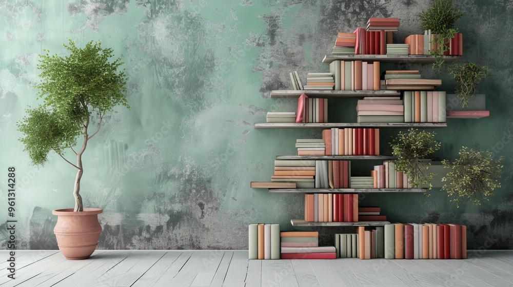 Poster a unique bookshelf filled with colorful books is creatively arranged against a textured wall, accomp