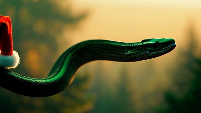 A vibrant green snake elegantly poses with a Santa hat, blending holiday cheer with the beauty of nature in a serene forest setting