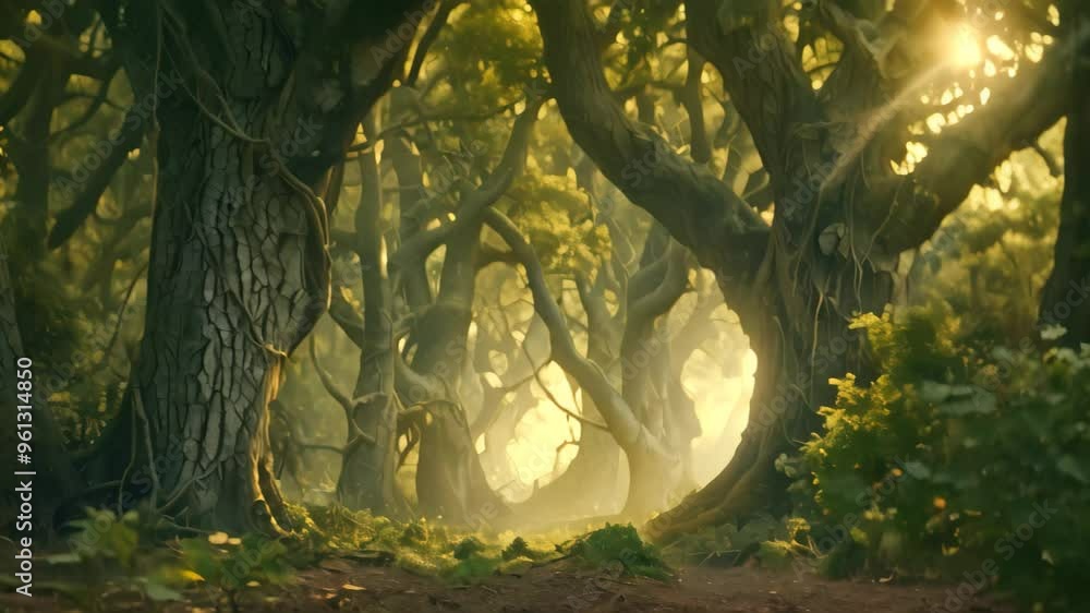 Poster sunlight streams through the branches of ancient trees in a hidden grove, creating a magical atmosph