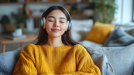 A young woman enjoys music while relaxing at home.