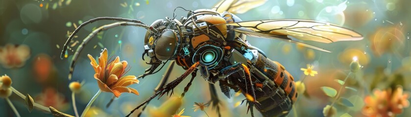 A futuristic robot bee collecting nectar from vibrant flowers in a lush garden, blending nature and technology beautifully.