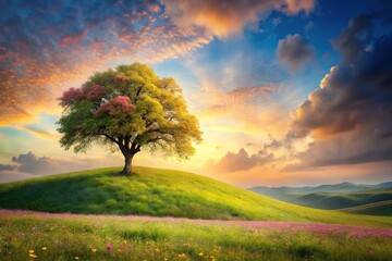 Obraz premium Beautiful landscape painting with tree on hill and flowers