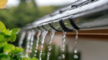 A Close-Up of a Home Rainwater Collection System, Showcasing Sustainable Water Use with Vibrant Colors and Lush Greenery
