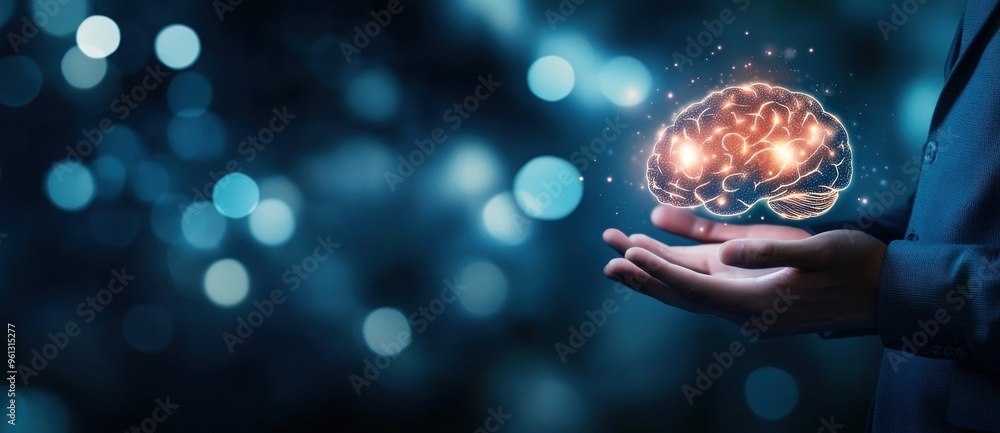 Wall mural human hand holding a glowing brain concept