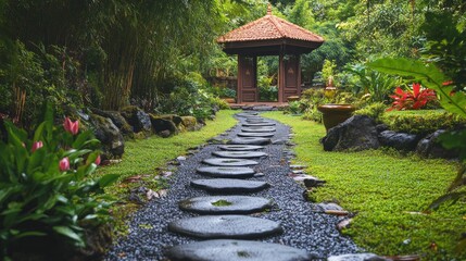 Obraz premium Serene Meditation Garden, a tranquil space filled with lush greenery, gentle water features, and inviting seating areas, perfect for self-reflection and mantra practice