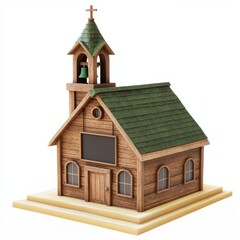 3D Render of a wooden schoolhouse with a bell tower and a chalkboard, on isolated white background