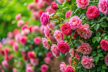 Obraz premium Beautiful rose bush with blooming flowers and green leaves in natural background