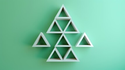 Obraz premium Multiple triangular white shelves are artfully arranged on a light green wall, creating a geometric pattern. The crisp, white shelves contrast beautifully with the green background, offering a modern