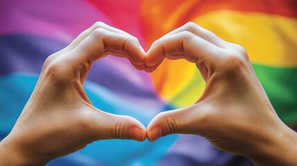 Close-up of hands making a heart shape in front of a rainbow flag