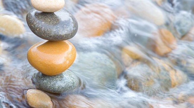Serene Stream Harmony, showcasing carefully balanced pebbles resting gracefully in a clear, flowing stream, highlighting nature's tranquility and equilibrium.