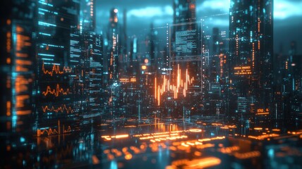 A cityscape with digital financial graphs overlaid, combining urban environment with financial analysis and modern technology.
