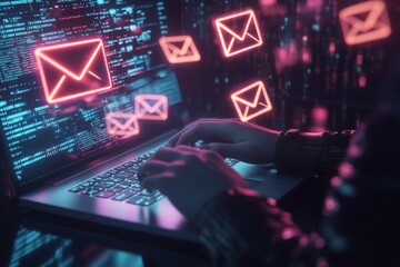 A person typing on a laptop with glowing email envelope icons floating above the keyboard, surrounded by code and digital screens.