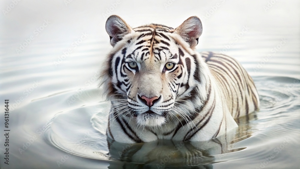 Wall mural beautiful white tiger in water on neutral background