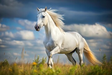 Obraz premium Beautiful white stallion seen from a worm's eye view in the wild