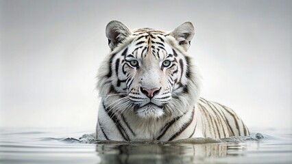 Beautiful white tiger cooling off in water on neutral background from worm's eye view