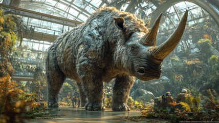 Fototapeta premium Revived woolly rhinoceros in a high-tech habitat designed to closely mimic its natural environment with advanced features.