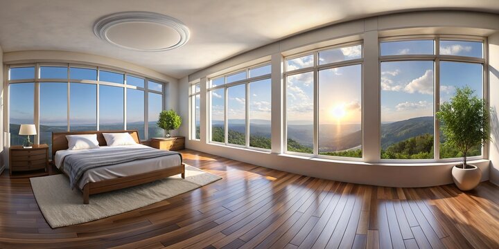 Bedroom with panoramic window at tilted angle