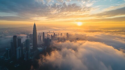Fototapeta premium Aerial view of low clouds over the Kuala Lumpur skyline during sunrise