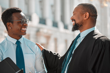Meeting, black people or lawyer in city with businessman, mentor or rights for court case or legal...