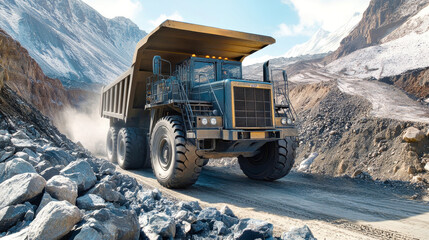 The massive dump truck navigates the rough quarry road, delivering rocks and coal from the mountain to support ongoing mining operations